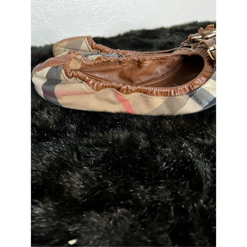 Burberry Brown Leather Canvas Nova Check Three Buckle Ballet Flats Shoes 9.5 - Picture 5 of 12